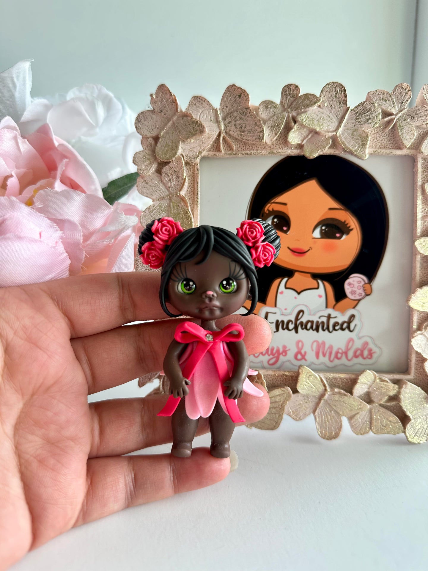 Dark skin flower Girl Clay doll